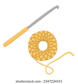 Vector hand drawn crochet hook and tangle yarn isolated on white background. Color sketch