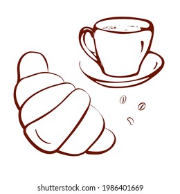  Vector hand drawn croissant with cup of coffee. Outline bakery croissant vector isolated on white background for design menu cafe,bistro, restaurant, label and packaging.