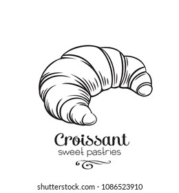 Padaria de crachá de ícone de croissant desenhado à mão para café de menu de design, rótulo e embalagem.