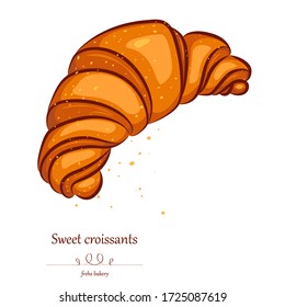 Vector hand drawn croissant, icon. Bakery croissant with 
crumbs. Vector isolated on white background for design menu cafe,bistro, restaurant, label and packaging. Trandy illustration. Cartoon style.