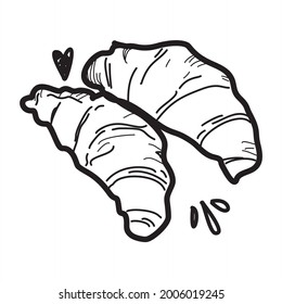 Vektor handgezeichnet Croissant Symbol Bäckerei-Button für Café-Menü-Design, Etikett und Verpackung. Doodle-Croissant-Bild schwarz-weiß 