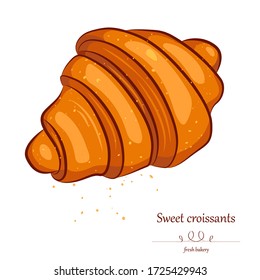 Vector hand drawn croissant, icons. Croissant with 
crumbs. Vector isolated on white background for design menu cafe,bistro, restaurant, label and packaging. Trandy illustration. Cartoon style.