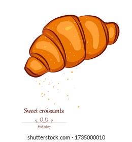 Vector hand drawn croissant, icons. Bakery croissant with crumbs. Vector isolated on white background for design menu cafe,bistro, restaurant, label and packaging. Trandy illustration. Cartoon style.