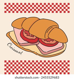 Vector of hand drawn croissant on checker BG. Menu design. Delicious food Illustration. Foodie object icon isolated. Flat cartoon style. Appetizing ham and tomato Croissant. Tasty bakery logo. 