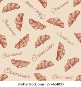 Vector hand drawn croissant seamless pattern. Background  for fast food design. Useful for restaurant identity, packaging, menu design and interior decorating.