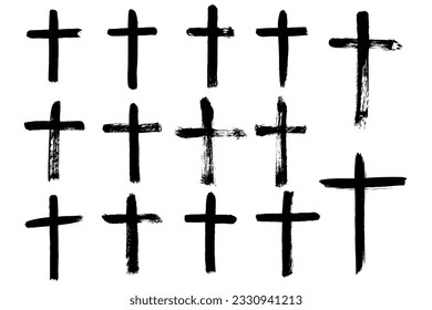 Vector hand drawn cross grunge brush stroke. Black paint, spray, splatter.