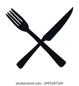 Vector hand drawn crossed fork and knife silhouette isolated on white background