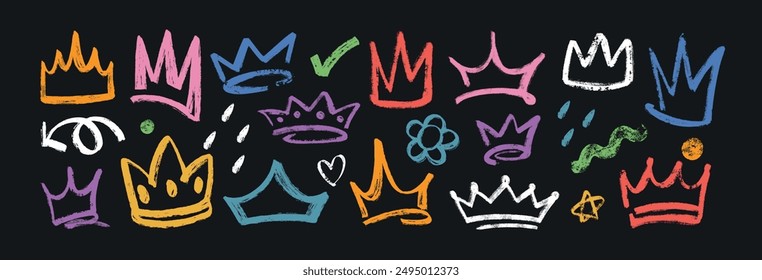 Vector hand drawn crown set isolated on black background. Colorful king or prince diadem different shape. Brush grunge texture princess tiara or royal queen medieval head accessories in graffiti style