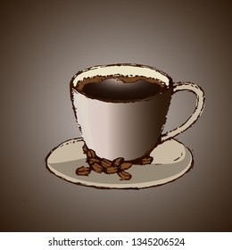 Vector hand drawn cup of coffee with coffee beans