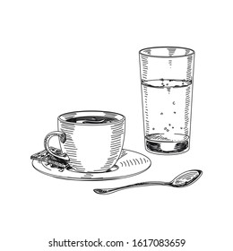 Vector hand drawn a cup of coffee and a glass of water Illustration. Retro style image. Vintage sketch element for labels, packaging and cards design. Modern background.