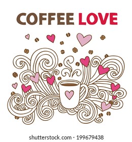 Vector hand drawn cup of coffee with hearts