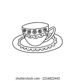 Vector hand drawn cup with plate for tea collection