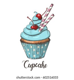 Vector hand drawn cupcake with cherries, blue cream and wafer stick. Sketch, lettering. Desert, sweet bakery. Vector