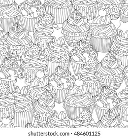 Vector hand drawn cupcake illustration for adult coloring book. Freehand sketch for adult anti stress coloring book page with doodle and zentangle elements.