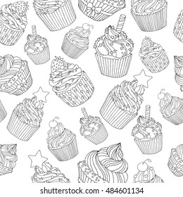 Vector hand drawn cupcake illustration for adult coloring book. Freehand sketch for adult anti stress coloring book page with doodle and zentangle elements.