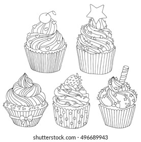 Vector hand drawn cupcake illustration for adult coloring book. Freehand sketch for adult anti stress coloring book page with doodle and zentangle elements.