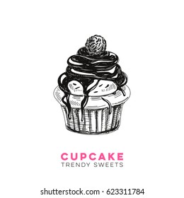 Vector Hand Drawn Cupcake Illustration. Sketch Vintage Style. Design Template. Retro Background. 