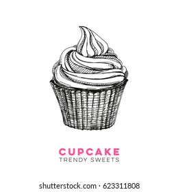 Vector Hand Drawn Cupcake Illustration. Sketch Vintage Style. Design Template. Retro Background. 