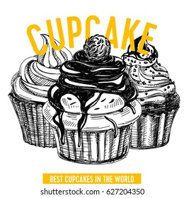 Vector hand drawn cupcake Illustration. Sketch vintage style. Design template. Retro background. 