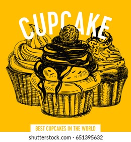 Vector hand drawn cupcake Illustration. Sketch vintage style. Design template. Retro background. 