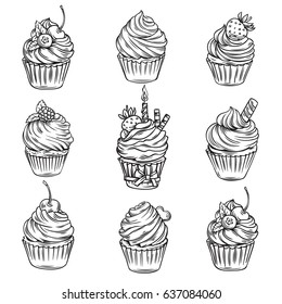 Vector hand drawn cupcakes icons set. Decorative retro style collection sweet bakery for menu cafe, market label.