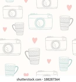 Vector hand drawn cups & photo cameras pattern