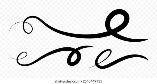 Vector hand drawn curly lines set on transparent background