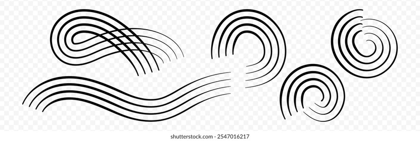 Vector hand drawn curly lines set on transparent background