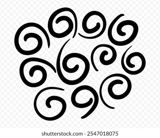 Vector hand drawn curly lines set on transparent background