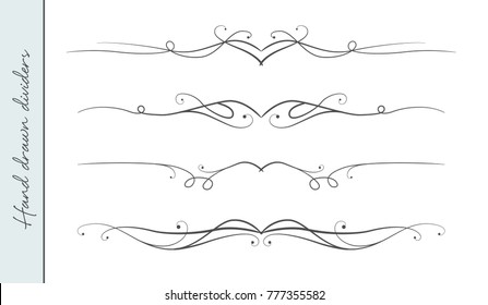 Vector Hand Drawn Curve Linear Flourish, Ornate Text Divider Graphic Design Element Set. Designer Art Border For Wedding Invite Card Page Decoration. Beauty Calligraphic Swirls, Delicate Motif Pattern
