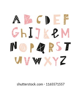 Vector hand drawn cut out color font, letters set. ABC, alphabet. Clipart, isolated vector letters and decor elements
