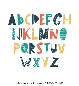 Vector hand drawn cut out color font, letters set. ABC, alphabet. Clipart, isolated vector letters and decor elements