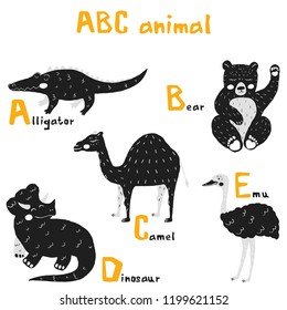 Vector hand drawn cute abc alphabet animal scandinavian design, alligator, bear, camel, dinosaur, emu