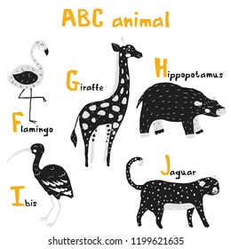 Vector hand drawn cute abc alphabet animal scandinavian design, flamingo, giraffe, hippopotamusl, ibis, jaguar