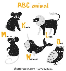 Vector hand drawn cute abc alphabet animal scandinavian design,lion,mouse,narwhal, koala,owl