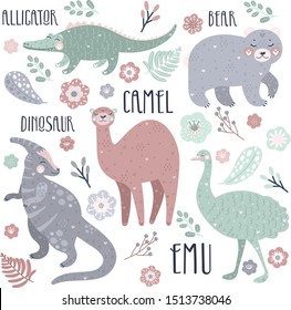 Vector hand drawn cute abc alphabet animal scandinavian design, alligator, camel, bear, dinosaur, emu