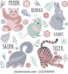 Vector hand drawn cute abc alphabet animal scandinavian design, panda, quokka, rabbit,skunk, tiger