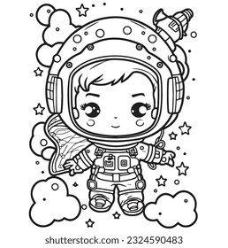 Vector hand drawn cute astronaut in space outline illustration. Coloring page for kids and adults. Print design, t-shirt design, tattoo design, mural art, line art.