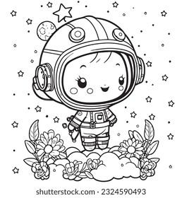 Vector hand drawn cute astronaut in space outline illustration. Coloring page for kids and adults. Print design, t-shirt design, tattoo design, mural art, line art.