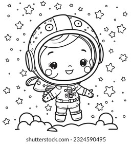 Vector hand drawn cute astronaut in space outline illustration. Coloring page for kids and adults. Print design, t-shirt design, tattoo design, mural art, line art.