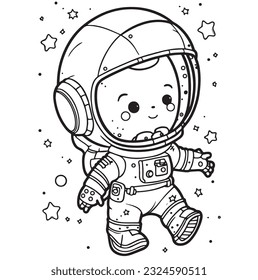 Vector hand drawn cute astronaut in space outline illustration. Coloring page for kids and adults. Print design, t-shirt design, tattoo design, mural art, line art.