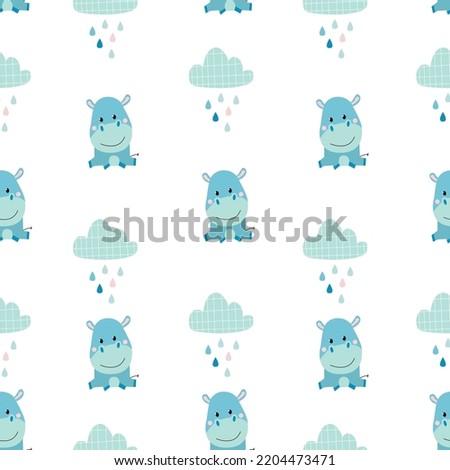 Vector hand drawn cute baby pattern. Hippo, clouds and raindrops in doodle style. Print for clothes, textiles, wallpapers.
