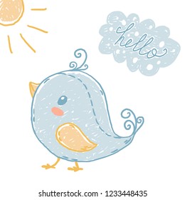 Vector hand drawn cute bird. Sketch stile card.