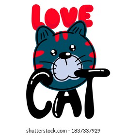 Vector hand drawn cute Blue red pattern cat's face saying love Isolated illustration with lettering on white background. 