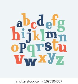 Vector hand drawn cute cartoon typography english letters set in different color. lain characters. Freehand typeface