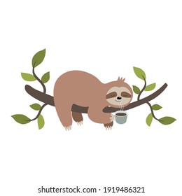 Vector hand drawn cute cartoon sloth hanging on a tree branch and smelling the morning coffee