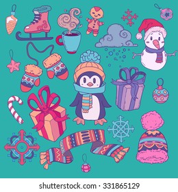 vector hand drawn cute cartoon Icons  for  New Year and Christmas theme Christmas on blue background
