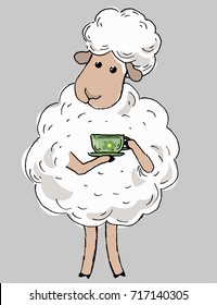 vector hand drawn cute cartoon sheep with cup of tea