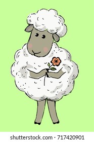 vector hand drawn cute cartoon sheep with flower