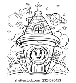 Vektorhandgezeichnete, süße Karikatur-Schlossumrandung. Farbseite für Kinder und Erwachsene. Printdesign, T-Shirt-Design, Tätowierungsdesign, Wandkunst, Line Art.